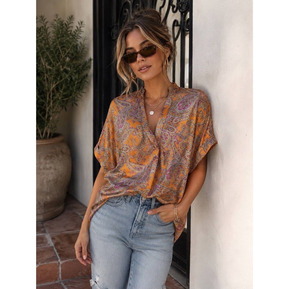 $238 GEORG ROTH Los Angeles V-Neck Short Sleeve Paisley Blouse Tunic Viscose XS
